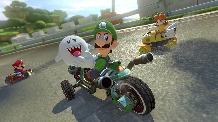 Luigi et Boo font la course dans un jeu de simulation sportive