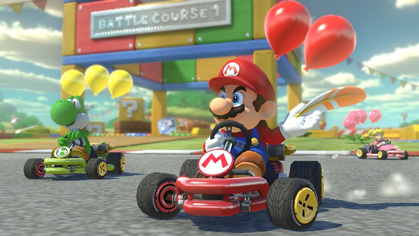 Mario avec son kart dans le jeu de simulation sportive Mario Kart