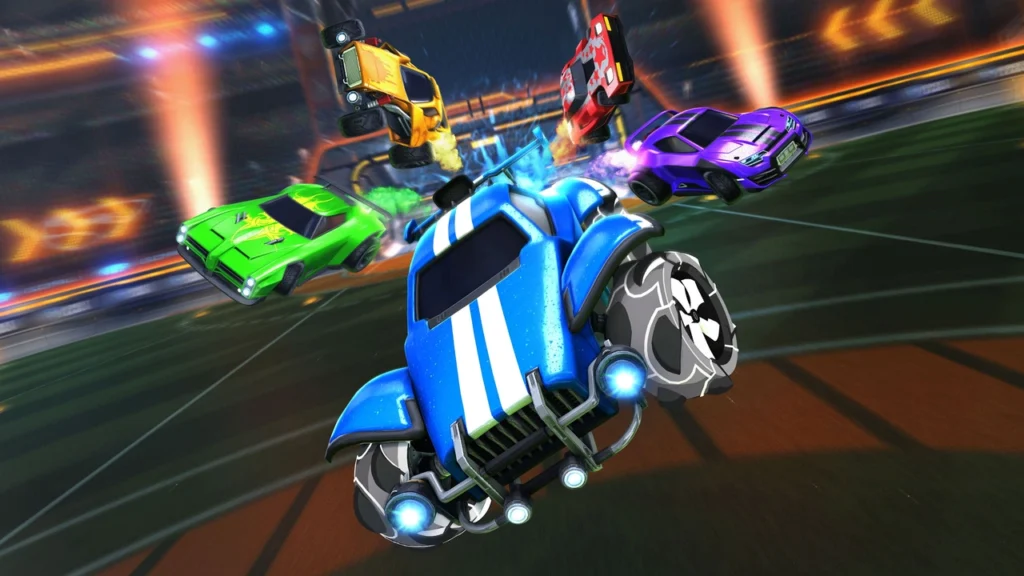 Jeu de simulation sportive Rocket League avec des voitures et un ballon