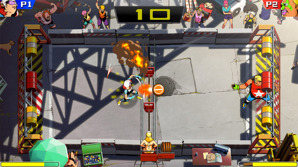 Combat entre deux personnages de Windjammers 2 qui se lancent un frisbee dans un jeu de simulation sportive