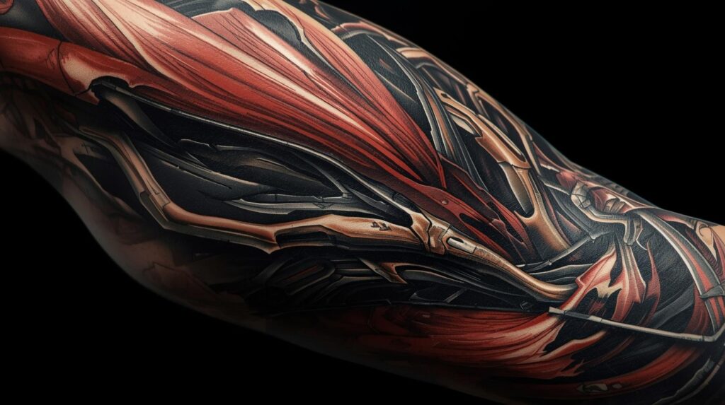 Biomécanique sur un bras mélange vaisseaux sanguins et câbles