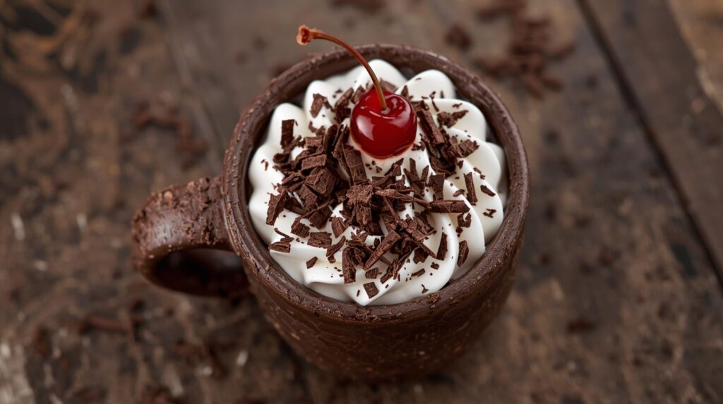 Chocolat chaud version forêt noire avec une tasse au cacao, de la chantilly et des cerises