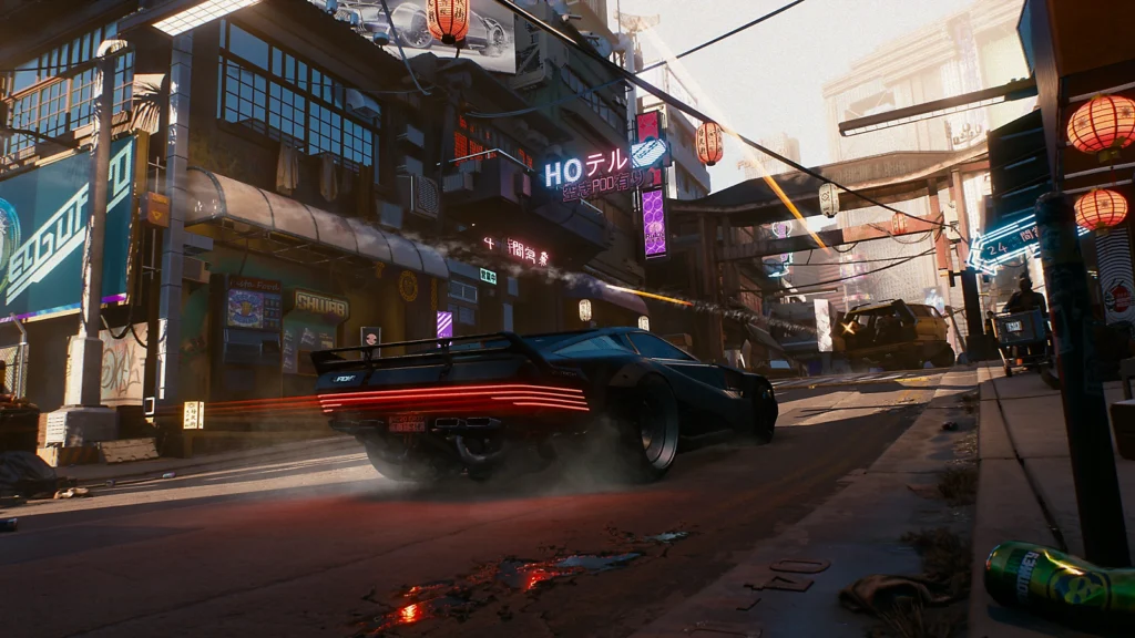 Cyberpunk 2077 voiture de course dans les rues de Night City