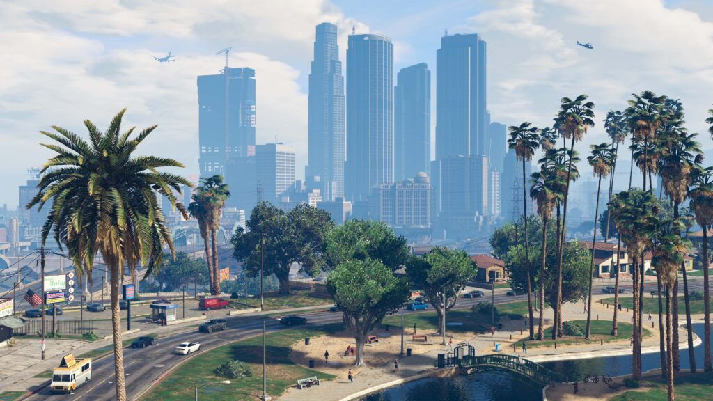 Grand Theft Auto V dans la ville de Los Santos avec voitures de course avant GTA VI