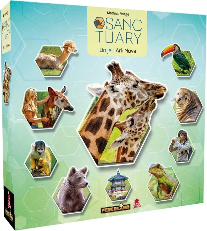 Sanctuary avec une girafe, un toucan, un singe et des soigneurs