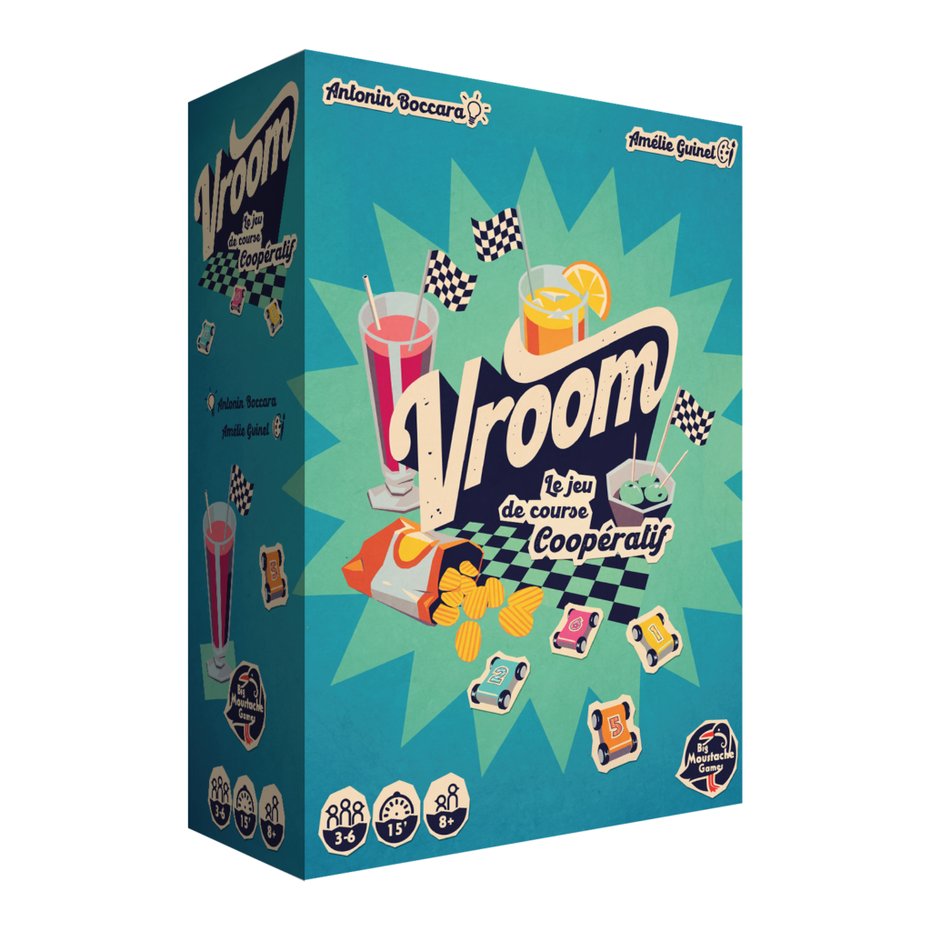 Vroom jeu de course coopératif avec voitures, ligne d'arrivée et drapeau