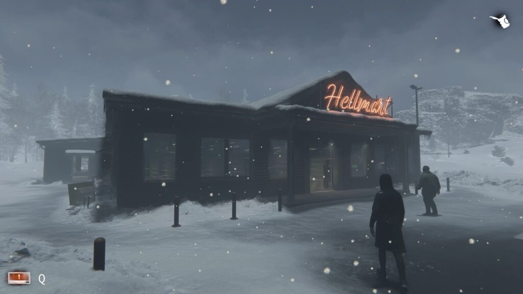 Station service dans le jeu vidéo d'horreur Hellmart avec des clients sous la neige