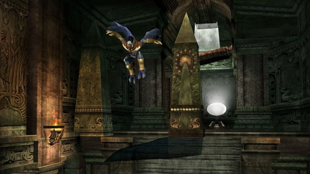 Legacy of Kain : Soul river avec un personnage et une cape bleue dans une cité en ruines