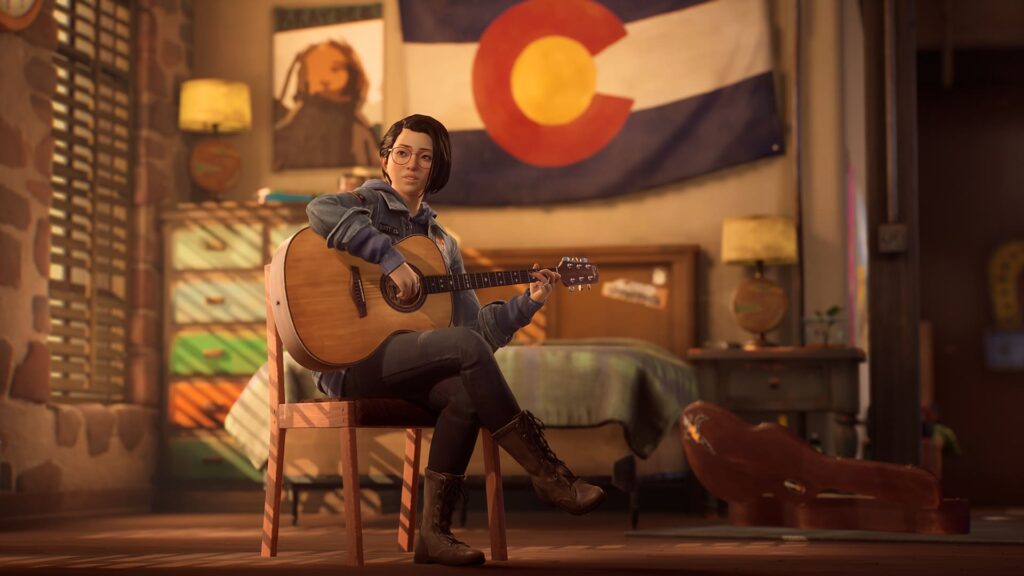 Alex Chen dans life is strange true colors, jeune fille avec des lunettes qui joue de la guitare dans sa chambre