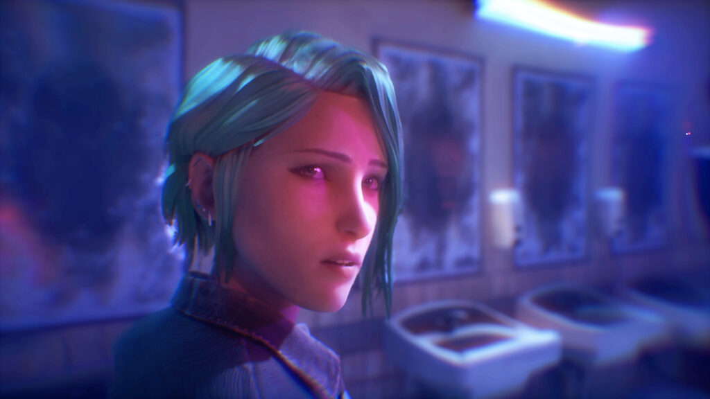 Chloé Price, ado punk aux cheveux bleu dans Life Is Strange, miroirs avec toilettes