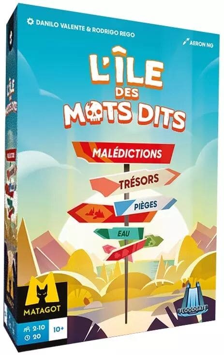 L'île des mots dits de Matagot avec plusieurs panneaux de direction et une plage perdue
