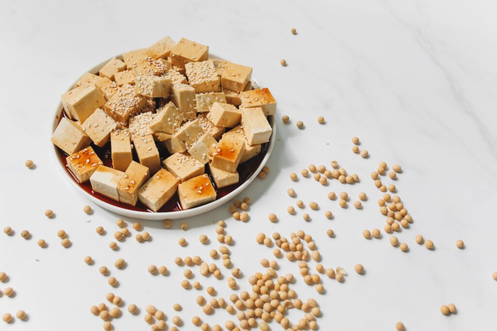 Lait de soja avec tofu et graines de soja dans un bol