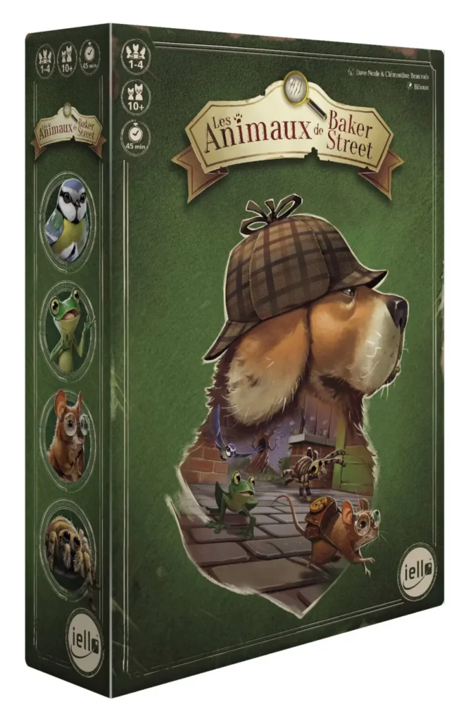 Les animaux de Baker Street de chez Iello avec un chien habillé en détective comme Sherlock Holmes