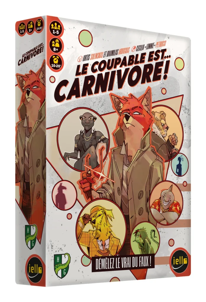 Le coupable est carnivore de chez Iello avec un renard qui porte un manteau de détective