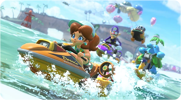 Héritière sur un jet ski dans l'eau dans Mario Kart World avec Waluigi