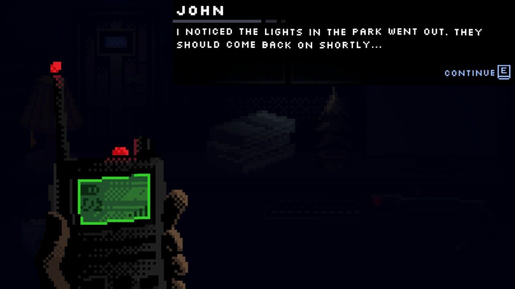 Last Report en pixels avec un talkie walkie dans une cabane sombre