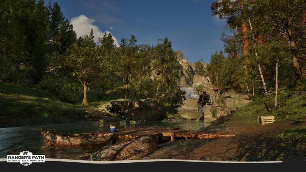 Ranger’s Path : National Park Simulator avec des mobiliers de camping face à une cascade d'eau dans la forêt