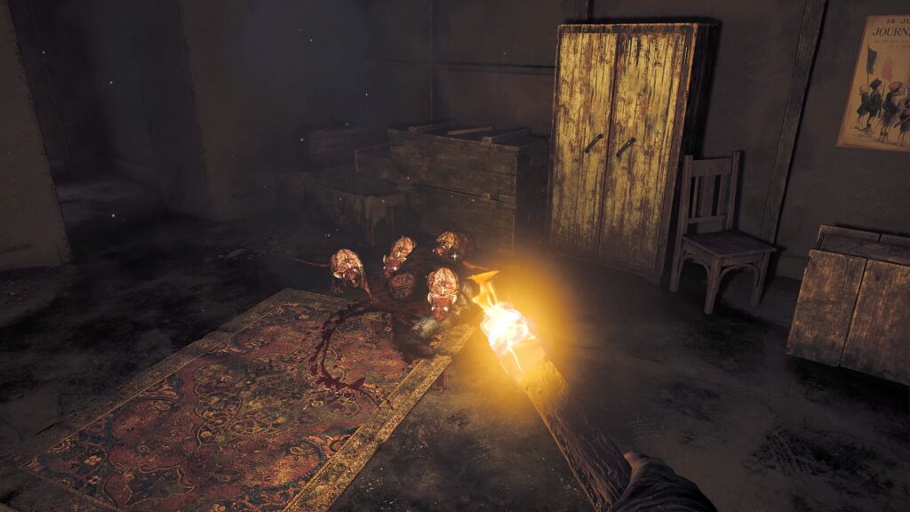 Amnesia the bunker avec une lampe torche dans une salle sombre