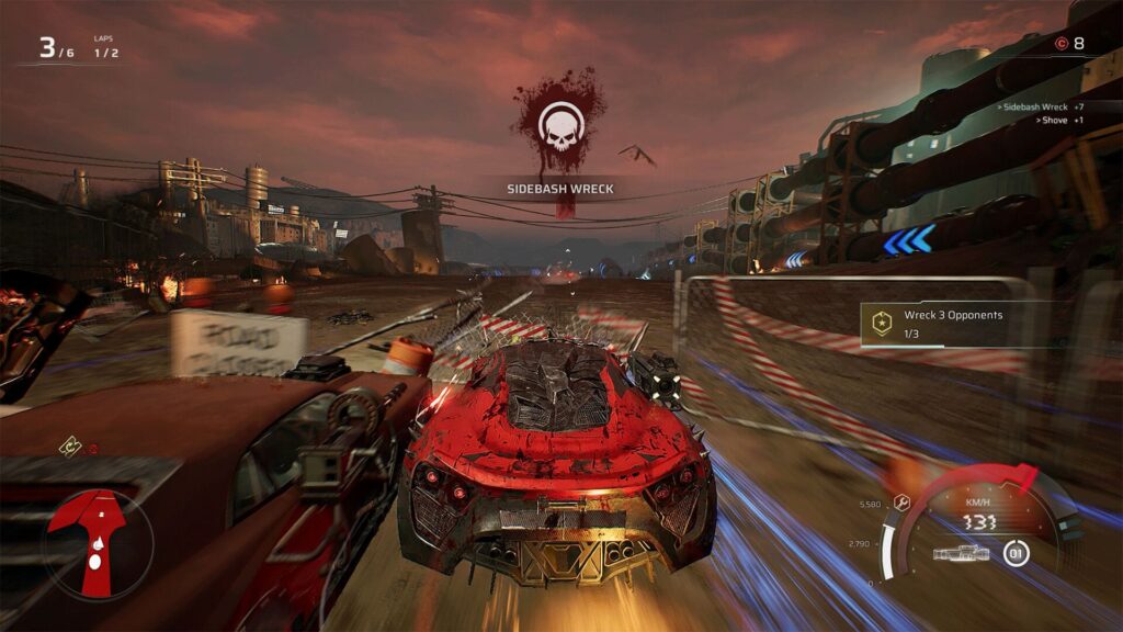 Carmageddon rogue shift avec une voiture rouge sur un circuit post-apocalyptique
