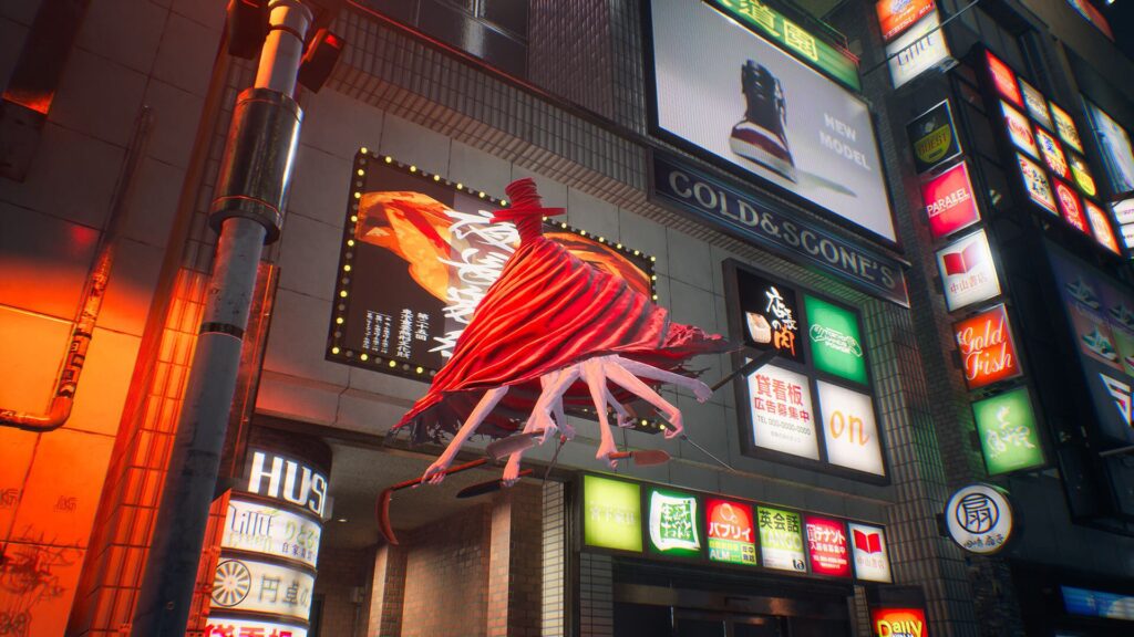 Ghostwire Tokyo avec des panneaux publicitaires venus des rues japonaises et une créature
