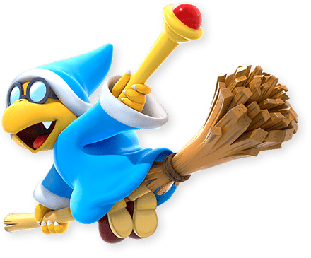 Magikoopa sur un balai avec un sceptre rouge, des lunettes et une capuche bleue