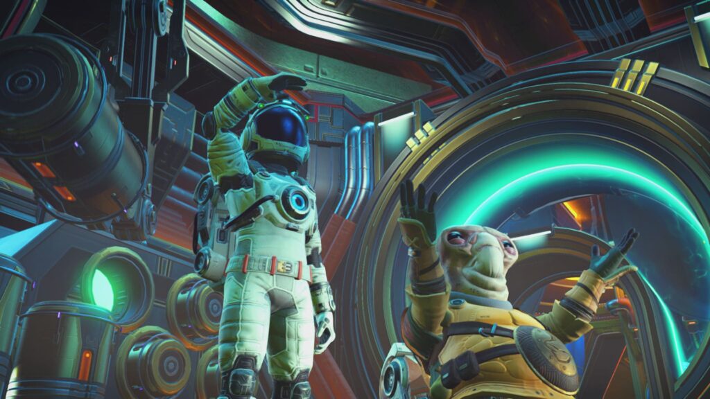 No man's sky avec un astronaute et un monstre sur une planète dans un vaisseau spatial