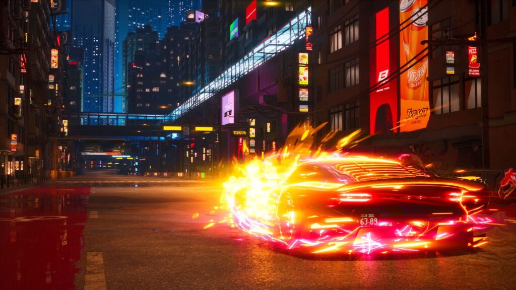 Screamer avec une voiture sportive en feu dans les rues du Japon